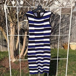 Calvin Klein Black, White & Blue Striped Midi Sweater Dress